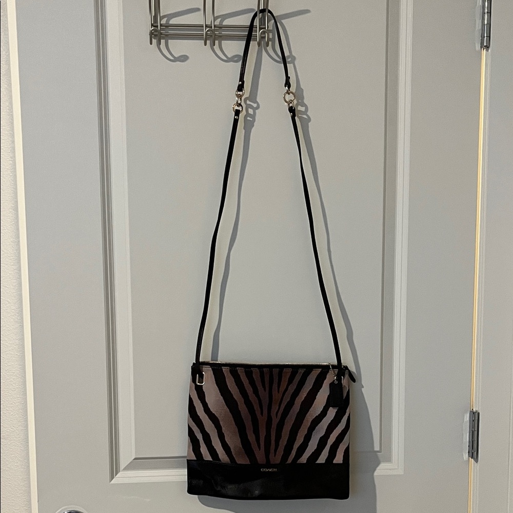 Coach Tan Brown Square Zebra Leather Crossbody Bag